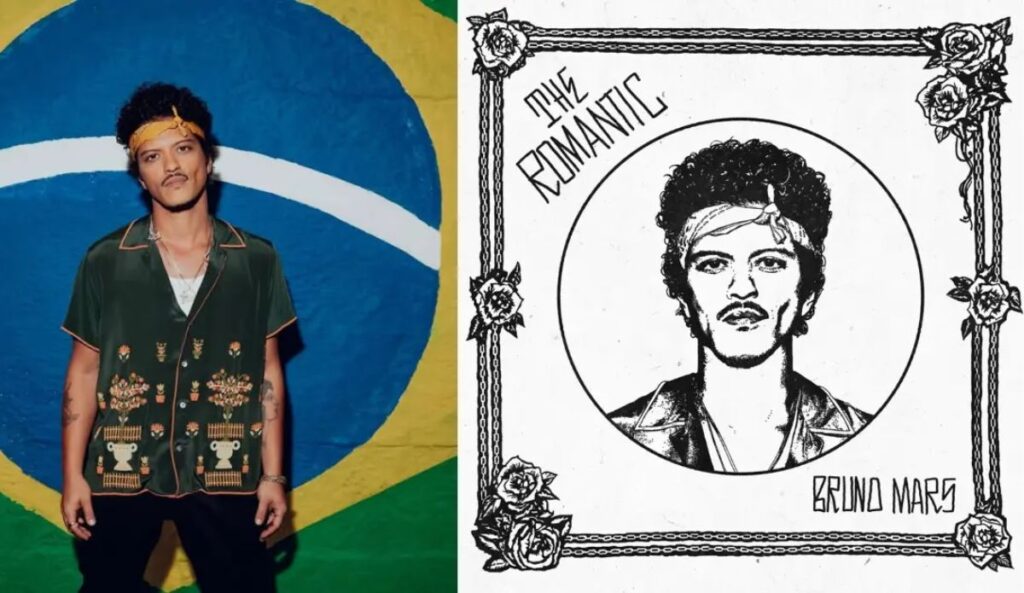 Foto de Bruno Mars tirada no Brasil ao lado da arte oficial da capa do álbum “The Romantic”.