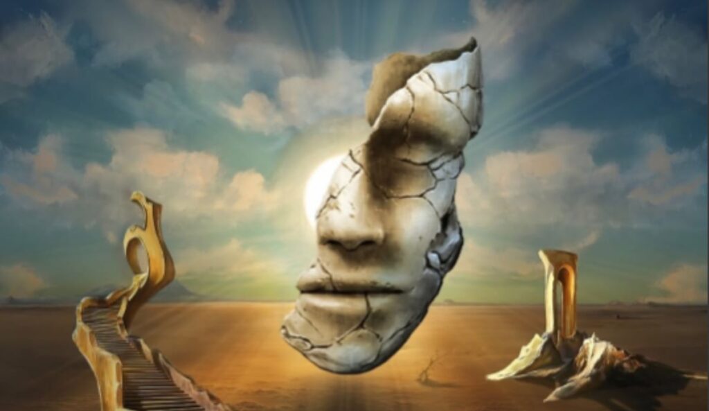 Imagem conceitual do tema ‘Consciencia’, do Tomorrowland 2026 e 2027, mostrando um rosto humano fragmentado flutuando em uma paisagem surreal com elementos simbólicos e atmosfera etérea