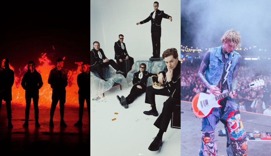 Bandas Bad Omens e The Hives e o cantor Machine Gun Kelly se apresentam em montagem com fotos promocionais e show ao vivo; artistas fazem parte do line-up do Rock in Rio 2026