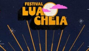 Arte oficial do Festival da Lua Cheia com lua cheia e elementos gráficos em fundo escuro