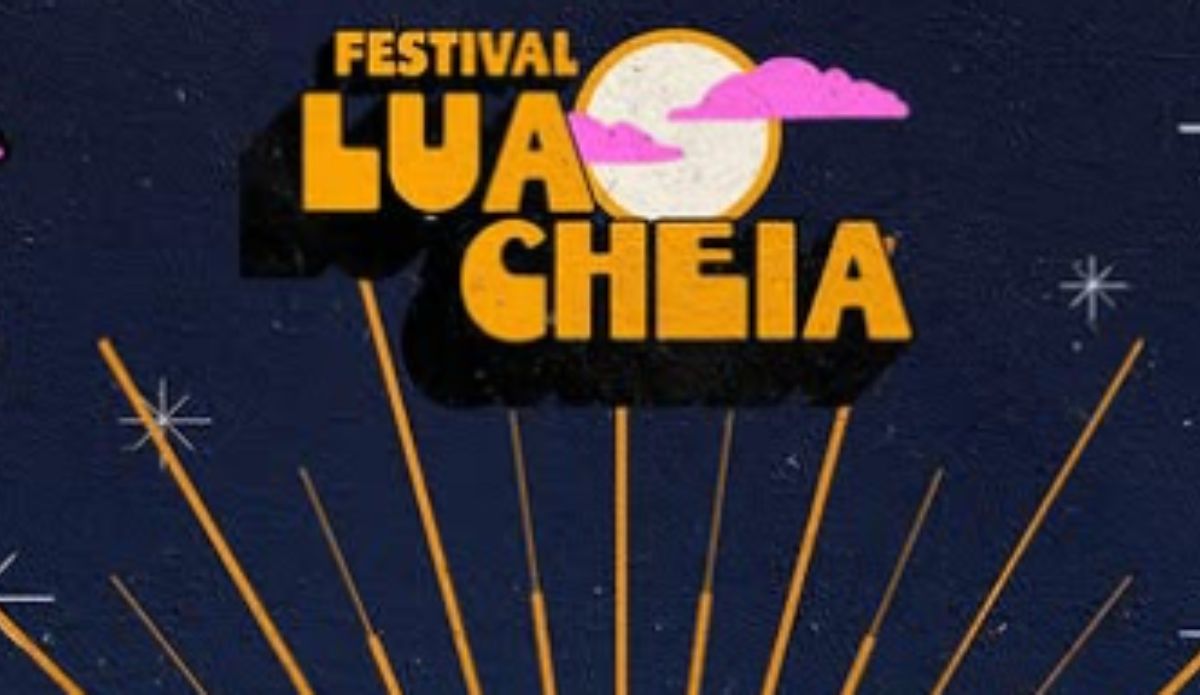 Arte oficial do Festival da Lua Cheia com lua cheia e elementos gráficos em fundo escuro