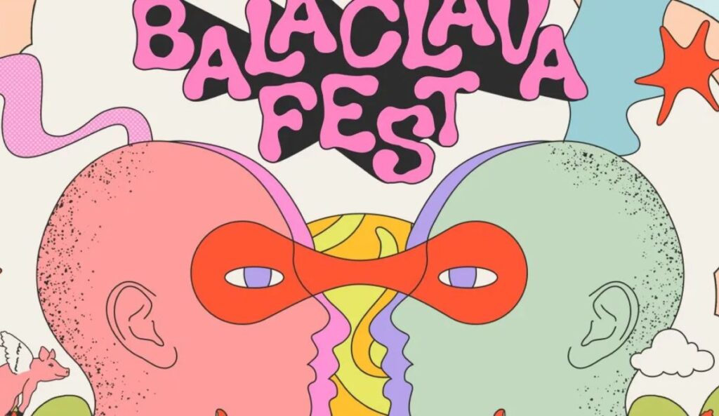 Ilustração do Balaclava Fest 2026 mostra dois rostos coloridos frente a frente, unidos por uma máscara vermelha, com o nome do festival ao fundo.