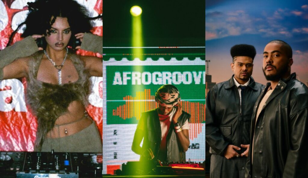 Montagem com Clementaum, Afrogroove e Deekapz, atrações das festas de rua da Virada Cultural 2026 em São Paulo.