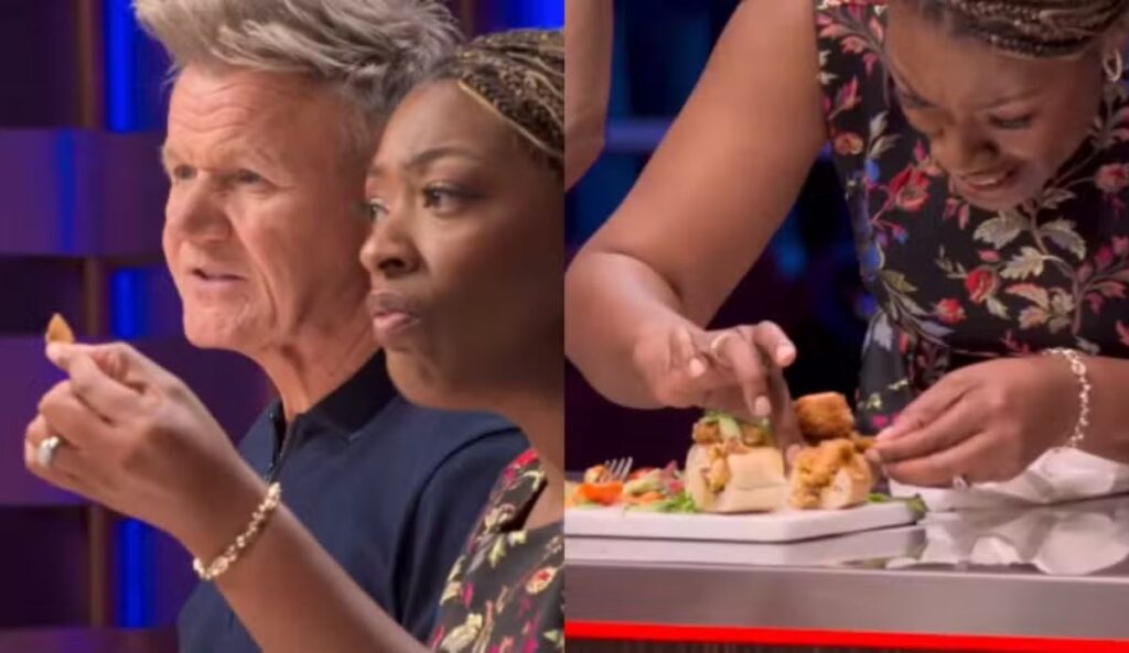 Montagem mostra os jurados Gordon Ramsay e Tiffany Derry durante avaliação no “MasterChef: Global Gauntlet”.