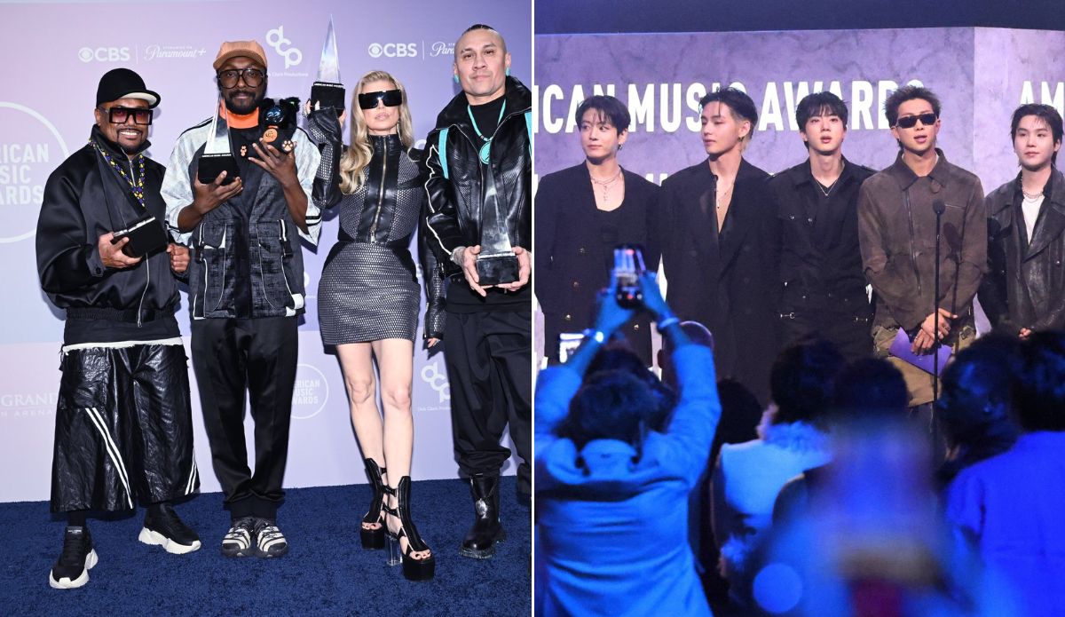 Montagem com duas fotos do AMAs 2026: à esquerda, Black Eyed Peas posa com Fergie e troféus da premiação; à direita, integrantes do BTS aparecem no palco durante discurso no evento.