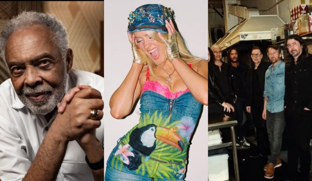 Montagem reúne Gilberto Gil, Zara Larsson e integrantes da banda Foo Fighters, atrações confirmadas no Rock in Rio 2026.