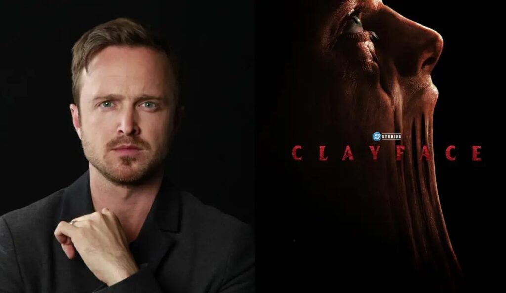 Montagem mostra Aaron Paul ao lado de arte promocional de “Clayface”, filme da DC sobre o vilão Cara-de-Barro, com clima sombrio e estética de horror.