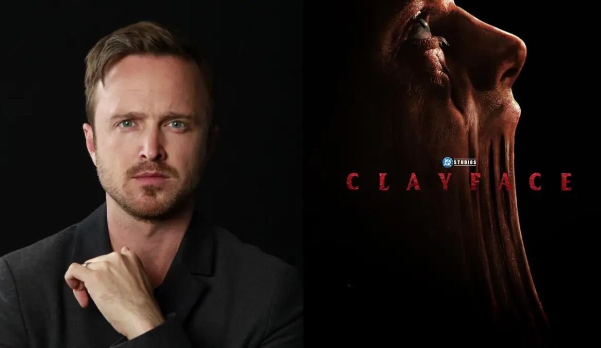 Montagem mostra Aaron Paul ao lado de arte promocional de “Clayface”, filme da DC sobre o vilão Cara-de-Barro, com clima sombrio e estética de horror.