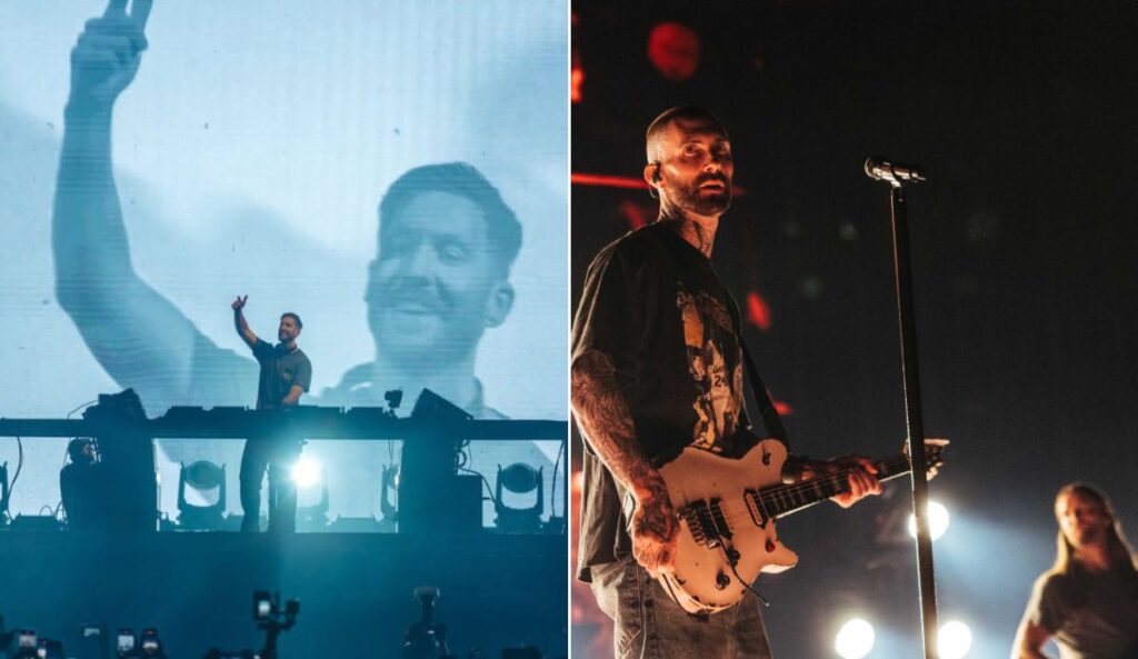 Calvin Harris e Maroon 5, atrações do Rock in Rio 2026, aparecem em montagens de shows ao vivo em palcos iluminados.