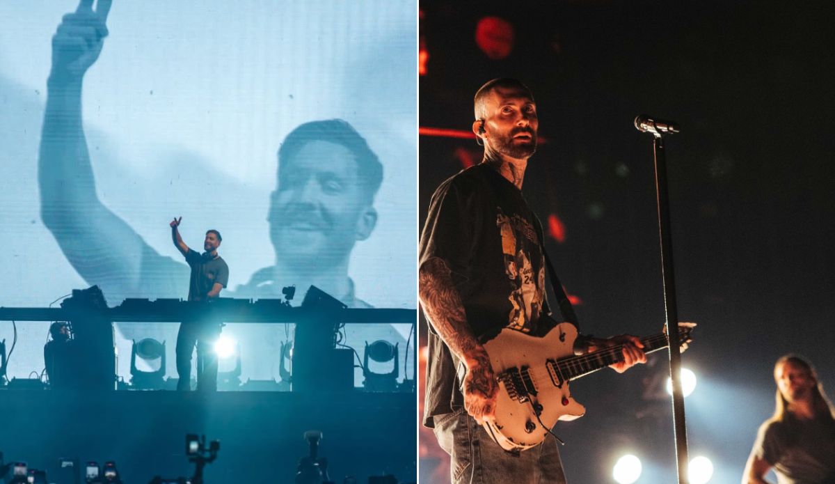 Calvin Harris e Maroon 5, atrações do Rock in Rio 2026, aparecem em montagens de shows ao vivo em palcos iluminados.