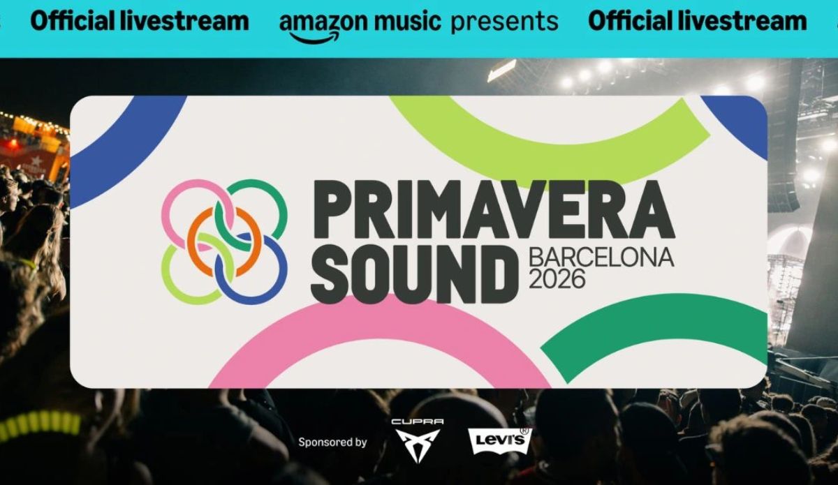 Banner da transmissão oficial do Primavera Sound Barcelona 2026 pela Amazon Music. A imagem destaca o logotipo do festival, que acontece em Barcelona, na Espanha, com shows transmitidos ao vivo para plataformas como Prime Video e Twitch