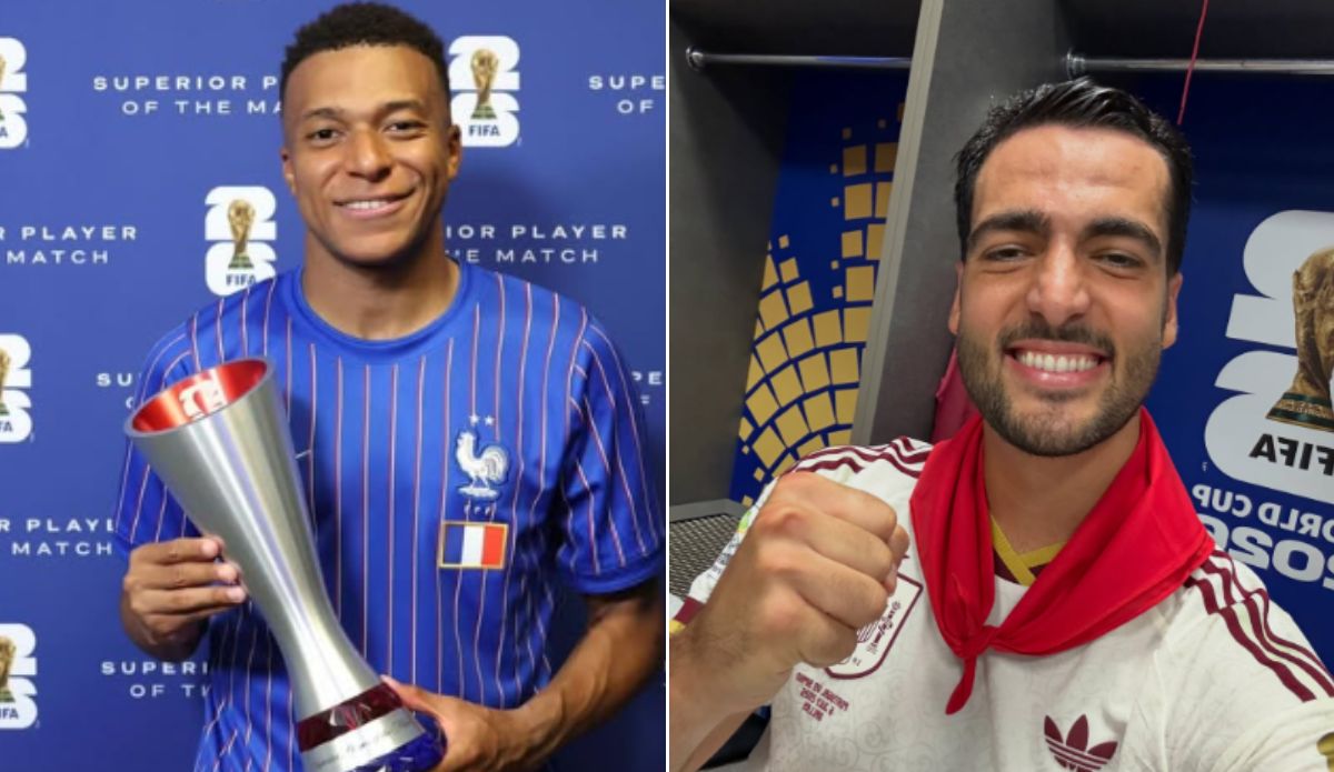 Montagem com Kylian Mbappé segurando um troféu pela seleção da França e Mikel Merino comemorando após partida da Espanha. As duas equipes se enfrentam na semifinal da Copa do Mundo 2026.